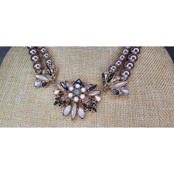 The Limited Pearl & Rhinestone Floral Double Strand Statement Necklace 18"L - Picture 3 of 5